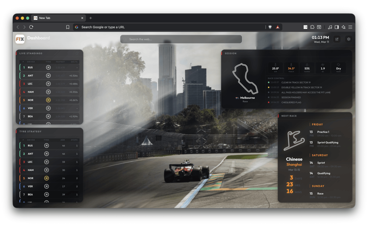 F1X dashboard with custom wallpaper, live standings, session widgets, and race countdown